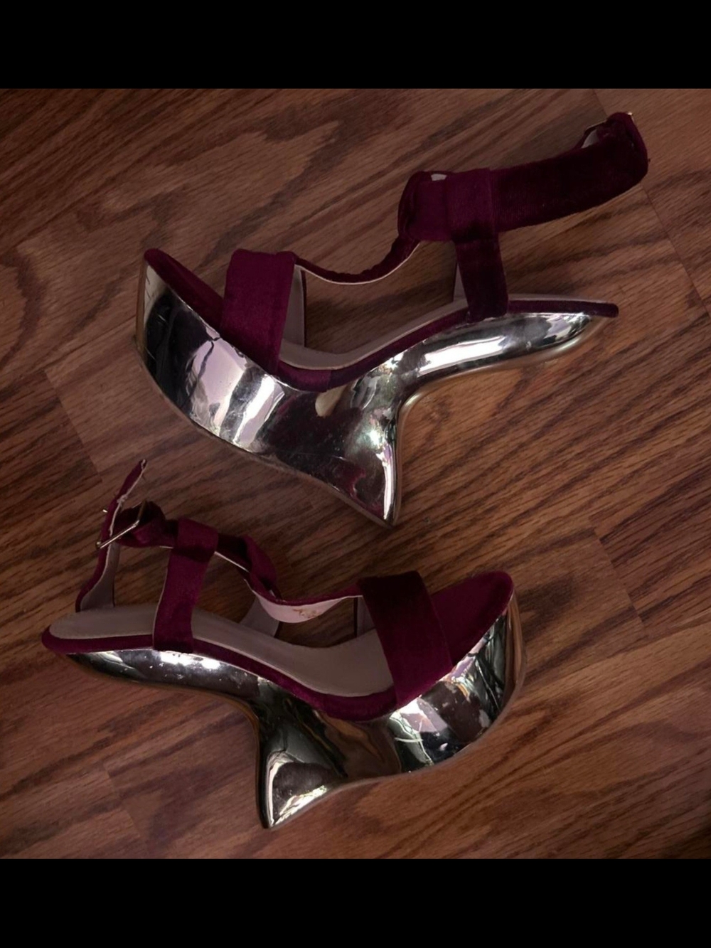 Source Unknown Burgundy Velvet Platform Sandals with Silver Sculpted Heel